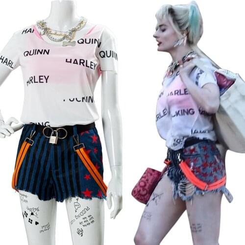 In Stock) Birds of Prey Cosplay Costume Adult WOMEN GIRLS T Shirt Shorts Necklace Tattoo Paste Vest Halloween Carnival Costume