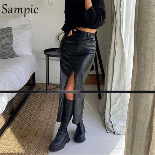 Sampic Sexy Women Skinny Harajuku Split Black Pu Leather Skirts Long Winter 2020 Ladies Office Pencil Hight Waisted Y2K Skirt