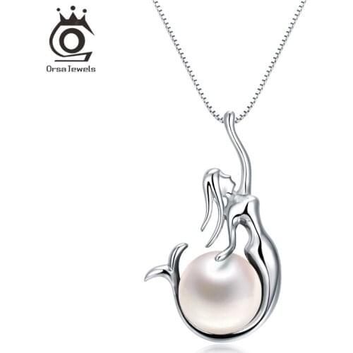 ORSA JEWELS Unique Mermaid Freshwater Pearl Pendants 925 Sterling Silver Women Necklaces&Pendants Fashion Female Jewelry PSN48