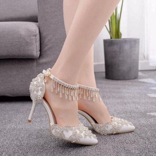 Women White Crystal Shoes Tassel Wristband Wedding Shoes Bride Shoes High Heels Sandals Female Dress Pumps Wedges