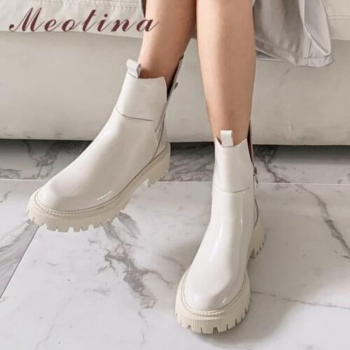 Meotina Women Shoes Genuine Leather Ankle Boots Platform Thick Med Heel Boots Round Toe Zipper Ladies Footwear Autumn Winter 42