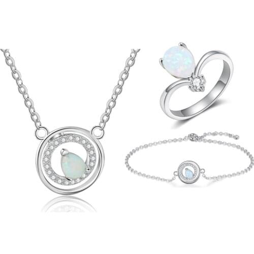 Luxury 925 Sterling Silver Jewelry Sets Clear Cubic Zircon Women Silver 925 Rings Bracelets Round Circle Necklaces Opal Jewelry