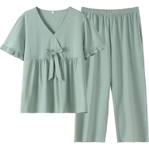 Womens Summer New 2PCS Pajamas Suit Big Size M-3XL Sleepwear Sexy V-Neck Short Sleeve Homewear Loose Pyjama Cute Bow Nightwear