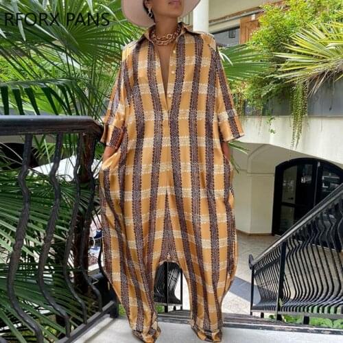 Women Chic Casual Plaid Three Quarter Sleeves Exaggerate Loose Harem Jumpsuit