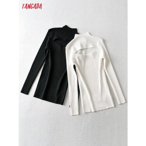Tangada 2021 Chic Women Hollow Turtleneck Sweater Vintage Ladies Sexy Knitted Jumper Tops AI82