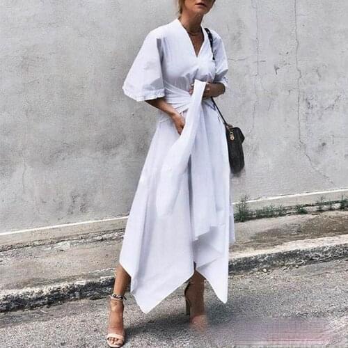 Fashion Summer Maxi Dress Womens belted Sundress Casual Short Sleeve Vestidos Female Irregular hem High Waist Robe Plus Size