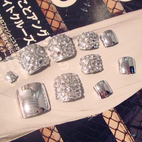 24Pcs Charming Foot False Nail Tips Glitter Rhinestone Fake Toes Nails Tool J25
