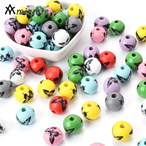 10Pcs/Lot 15mm Eco-Friendly Beads Cute Butterfly Print Natural Wood Animal Spacer Beads For Jewelry Making Kids Toys Accessories