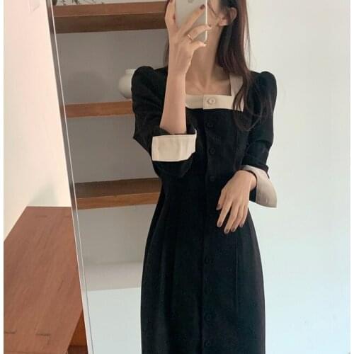 Elegant Square Dress Womens Neck Bandage Waist Button Long Sleeve Calf Length Black Dress Office Vestidos