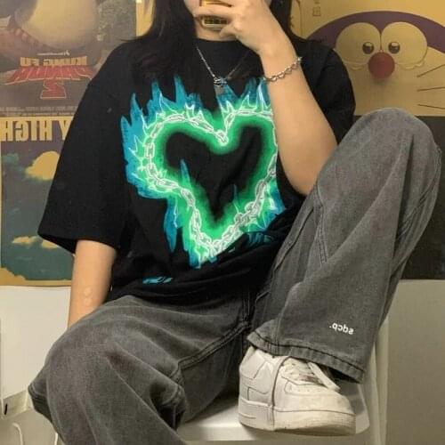 Pure cotto Shirts oversized T-shirt y2k female love letter printing t shirt women short-sleeved Korean loose crop top clothes