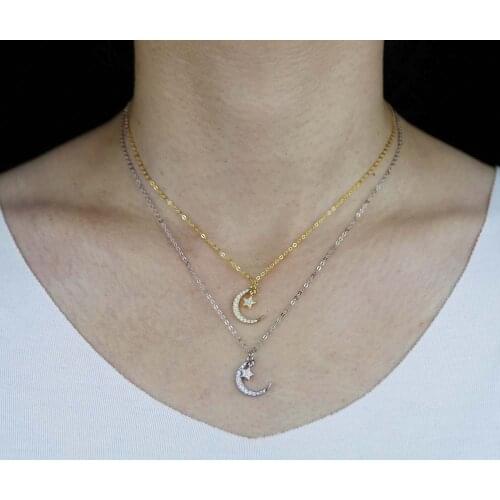 Hot Fashion 925 Sterling Silver High Quality Fashion Women Jewelry Micro Pave CZ Moon Star Pendant Charm Women Necklace 925