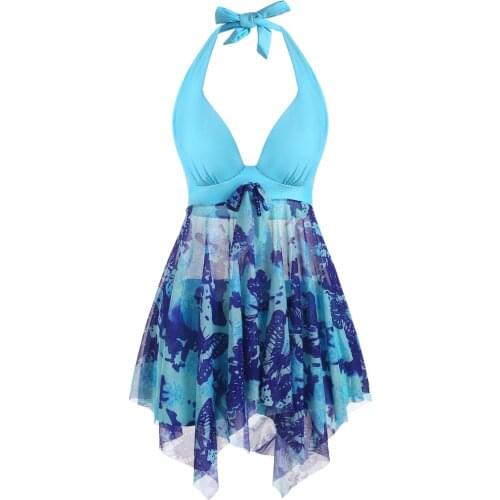 Halter Butterfly Print Mesh Insert Handkerchief Tankini Swimwear Sexy Swimsuit Women Summer Beachwear Bathing Suits Bodysuit 2XL
