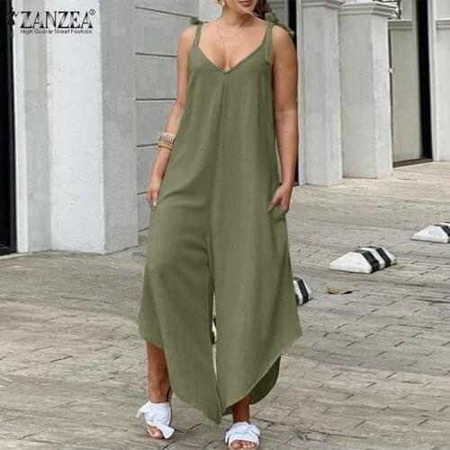 ZANZEA Summer Jumpsuits Women V Neck Staps Rompers Casual Solid Wide Leg Overalls Fashion Asymmetrical Long Playsuits