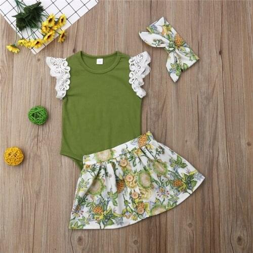 2019 Summer Lace Sleeveless Green Bodysuit Tops Tutu Floral Skirt Headband Outfits 3PCS Toddler Kids Baby Girl Clothes Set