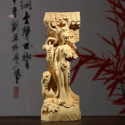 Boxwood 21cm Beauty Sculpture Wood Carving Chinese Traditional Girl Figure Statue Home Decor
