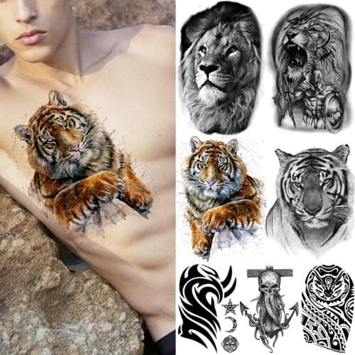 Cool Tiger Temporary Tattoos For Men Adults Realistic Lion Knight Thorns Totem Fake Tattoo Sticker Arm Chest Tatoos Paste