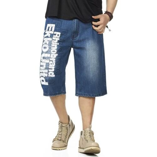 Mcikkny Men Summer Skateboard Denim Shorts Straight Loose Printed Jeans Shorts For Male Plus Size 30-46 Hip Hop