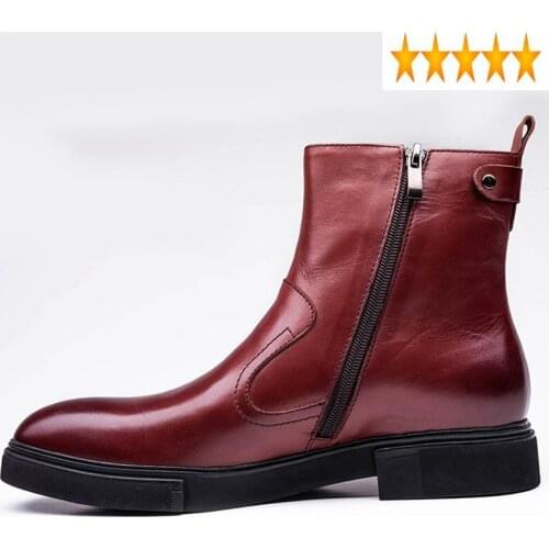 Genuine Toe British Leather Pointed Men Luxury Zip Wedding Office Dress Boots Black/Wine Red Autumn High Top Shoes Man