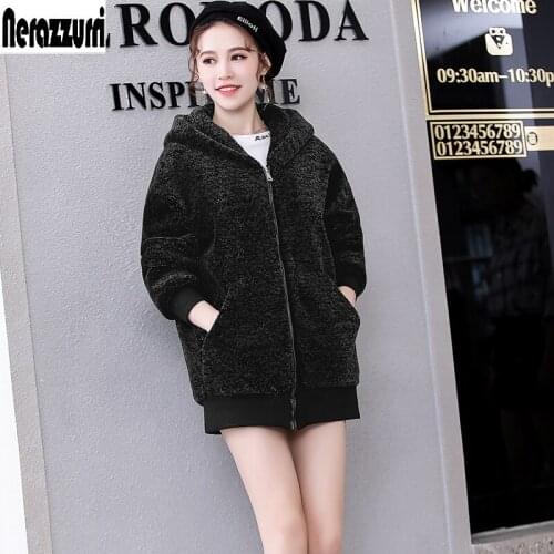 Nerazzurri Winter Oversized Warm Real Fur Sweatshirt Women 2021 Hooded Bomber Jacket Zipper Long Sleeve Sheep Shearling Coats