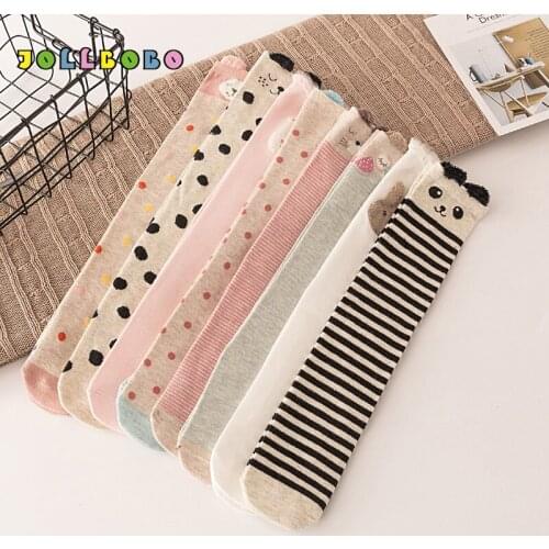 Cute Animal Cotton Socks for Children Boys Girls Kawaii Fox Bear High Over The Knee Socks Kids Polka Dot Stripes High Quality