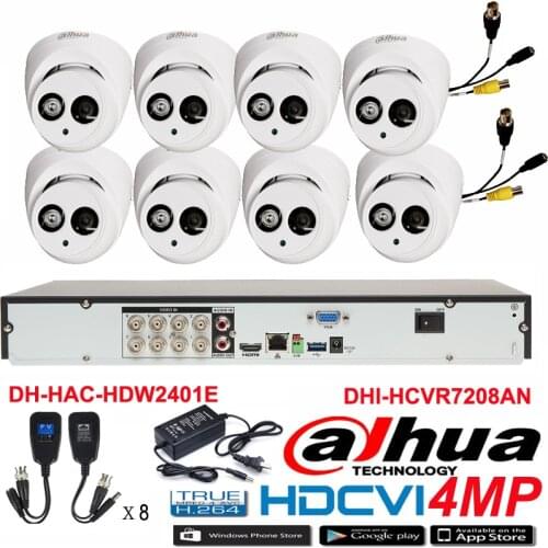 Original DAHUA 4MP Waterproof Camera DH-HAC-HDW2401E CVI Dome camera with 8CH Digital CVR DHI-HCVR7208AN security camera kit