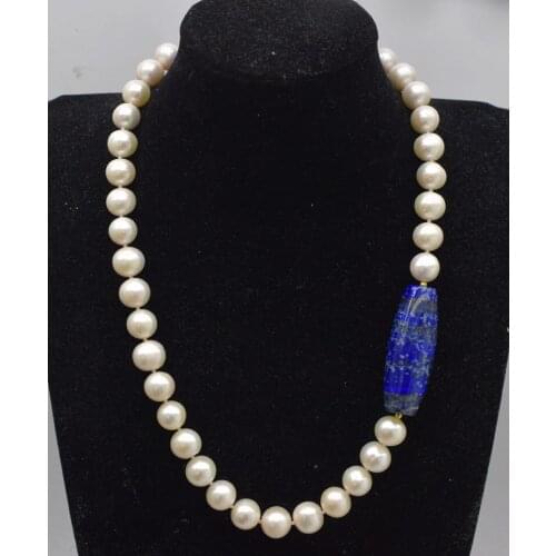 Freshwater pearl white near round 11-12mm and blue lapis nature egg necklace 19inch FPPJ wholesale beads nature