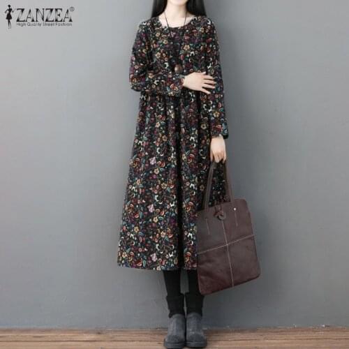 ZANZEA Vintage Women Floral Printed Sundress Spring Bohemian Long Sleeve Cotton Linen Midi Dress Casual Retro Vestido Kaftan