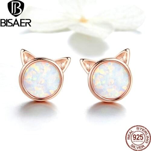 BISAER Cat Earrings 925 Sterling Silver Little Cat Pussy Small Stud Earrings for Women Kitten Animal Earrings Jewelry ECE538