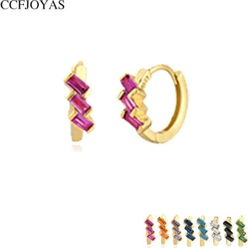 CCFJOYAS Minimalist 925 Sterling Silver Three Rectangle Zircon Small Hoop Earrings for Women White Black Color Gold Earrings