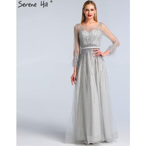 Grey Luxury Dubai Design Evening Dresses Feathers Long Sleeves Beading Crystal Evening Gowns Serene Hill DLA60957
