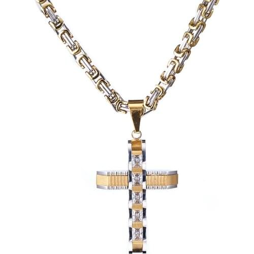 Top Grade Stainless Steel Vintage Cross Bling Crystal Pendant Cool Mens Womens Necklace Jewelry With Byzantium Chain 18-40