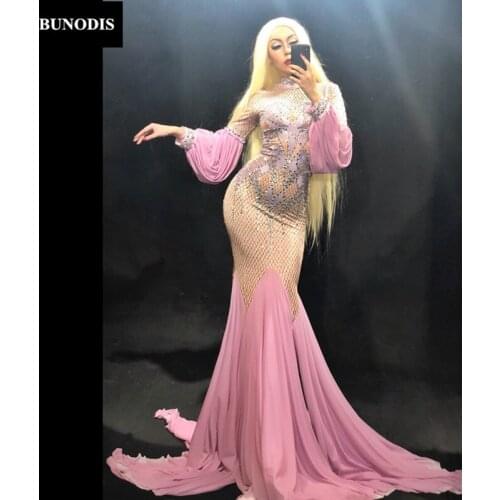ZD295 Women Sexy Pink Long Skirt Sparkling Crystals Nightclub Party Celebrate Performance Dancer Singer Stage Wear Bling Costume