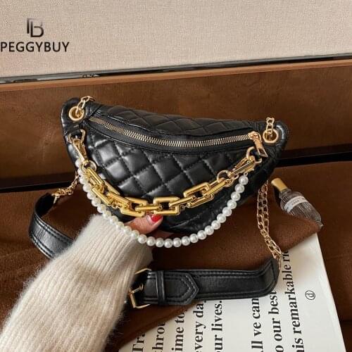 Women Vintage PU Leather Zipper Pure Color Shoulder Messenger Crossbody Bag Pearl Chain Purse Chest Waist Bags