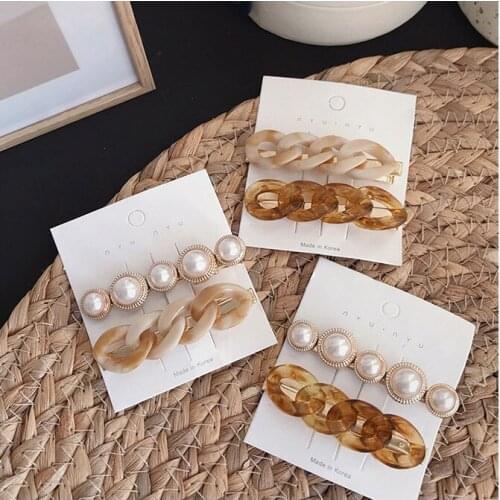 Korean New Vintage Acetic Acid Acrylic Chain Simulated Pearl Hair Clips Barrettes For Women Trendy Hair Jewelry Hairpins