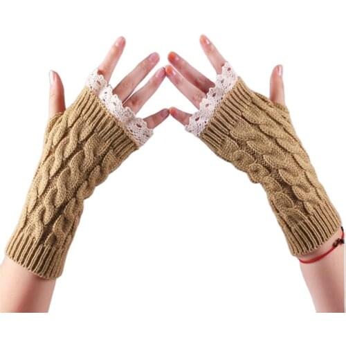 Women Autumn Winter Keep Warm Thicken Half Finger Fingerless Knitting Wool Lace Gloves Japanese Style Cute Lovely Plus Fleece