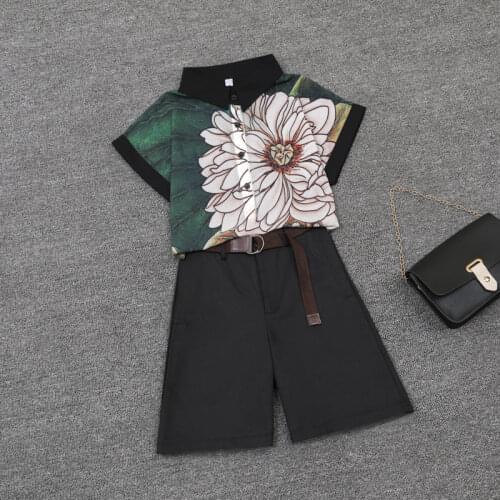 2020 Summer 2 pieces suits floral print chiffon blouse shirt women tops + shorts set Women two piece set sets With Belt