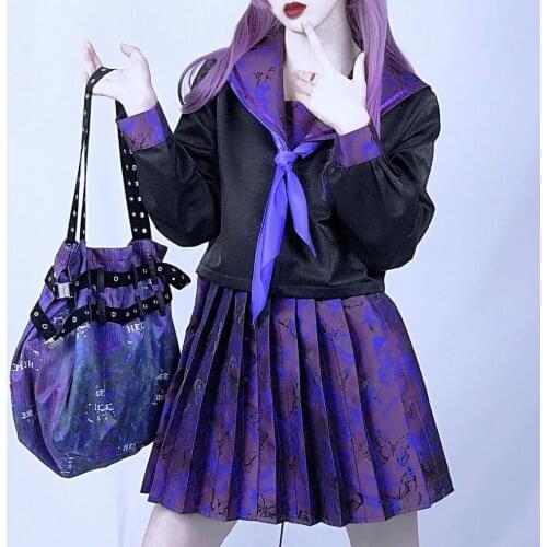 Purple Butterfly Dark Bad JK Uniform gothic Sailor Suit Japanese designer Short pleated Skirt two pieces set women sets clothes