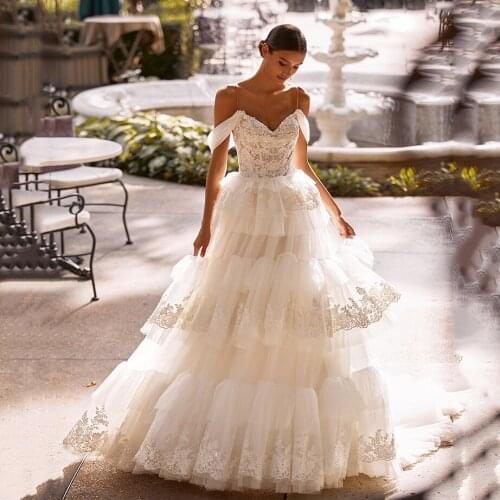 Thinyfull Simple Sashes Ruffle Ball Gown Wedding Dresses Spaghetti Straps Sweetheart Bridal Gown Lace Appliques Vestido De Novia