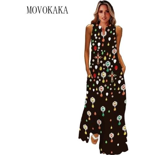 MOVOKAKA Eardrop Print Black Dress Elegant Casual Plus Size Long Dresses Summer Woman Sleeveless Girls Summer Beach Dress Women