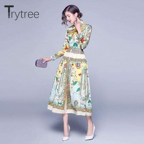 Trytree 2020 Autumn Women Casual Dress Polyester Turn-down Collar Fashion Elegant Mid-Calf Yellow Print A-Line Office Lady Dress
