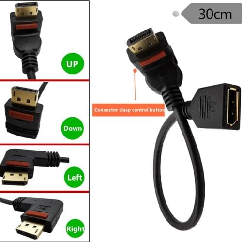 Gold DisplayPort Male 90° angle with Connector clasp control button to Female Extension Cable 0.3m