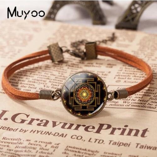 2018 New Steampunk Sri Yantra Mandala Leather Bracelet Hand Craft Bracelets Glass Cabochon Jewelry