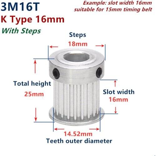 Free Shipping 16 Teeth HTD 3M Synchronous Pulley 3m timing pulley Width 16mm 16T 3M timing belt HTD3M Pulley gear bore 4mm-8mm