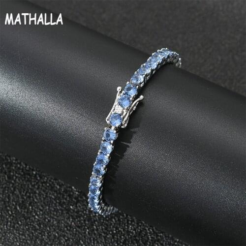 MATHALLA 4MM One Row Tennis Chain Iced Out Sea Blue Cubic Zircon Tennis Chain Bracelet For Women Girls