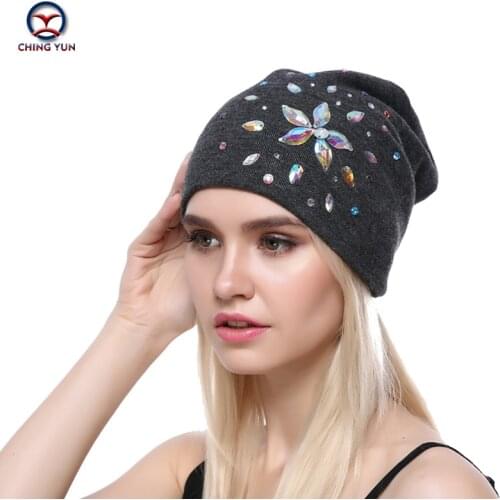 CHING YUN 2019New Fashion Winter Warm three colors big Rhinestone Cute High Quality Wool Female Hat Solid Color Knitted Hat