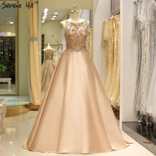 Dubai Peach Sleeveless Luxury Long Prom Dresses Beading Diamond Sparkle Prom Party Gown 2020 Serene Hill LA6686
