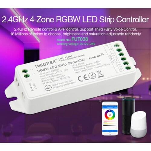 FUT038(upgrade)2.4G 4-Zone RGBW LED Strip Controller 12~24V dimmable led driver 6A/Channel Common anode can remote/voice control