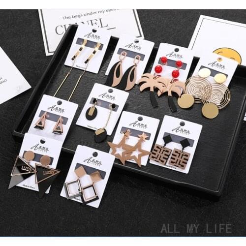 Korea Dongdaemun long eardrop geometric pattern leisure fashion ear jewelry temperament diamond ladies titanium steel earrings