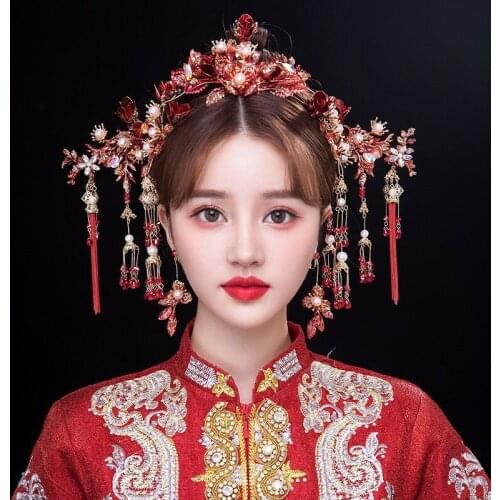 Red Ancient chinese tiara Costume Bride Headpieces Luxury Tassel Beads Hairpin Earrings Suit Wedding Hair Accessories