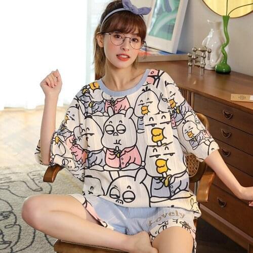Summer new pajamas female summer cotton short sleeve thin Korean student cartoon can wear home suit